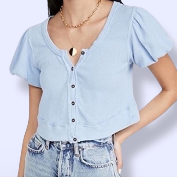 We The Free Tops - Free People Molly Button Down Puff Sleeve Baby Blue Crop Top